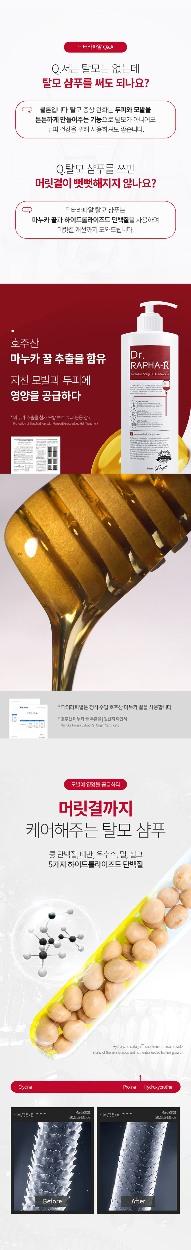 [닥터라파알] 레드 탈모 샴푸 1L + 단백질 트리트먼트 1L 부드러운 모발 손상모 90.8% 개선 상세 이미지 6